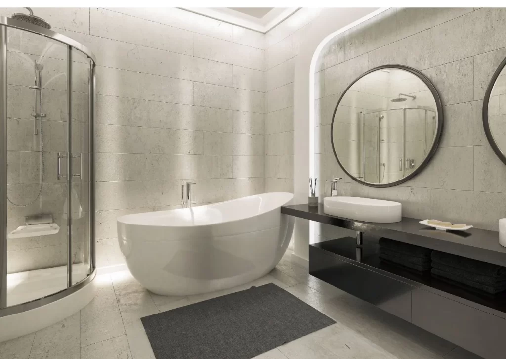  Luxurious modern bathroom with a freestanding bathtub, glass-enclosed shower, double vanity with round mirrors, and minimalist design.